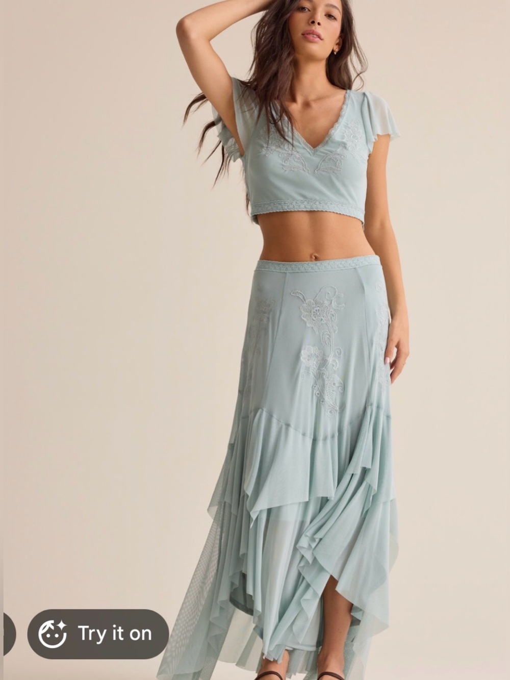 Altar'd State Pale Blue Tiered High-Low Lace Trim Maxi Skirt and Blouse Set